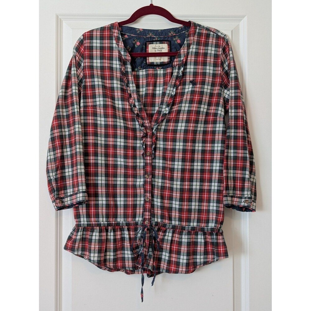 Abercrombie & Fitch Women's Large 3/4 Sleeve Plaid Button Down Drop Waist Shirt